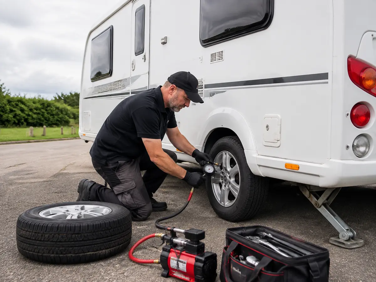 Mobile caravan tyre fitting
